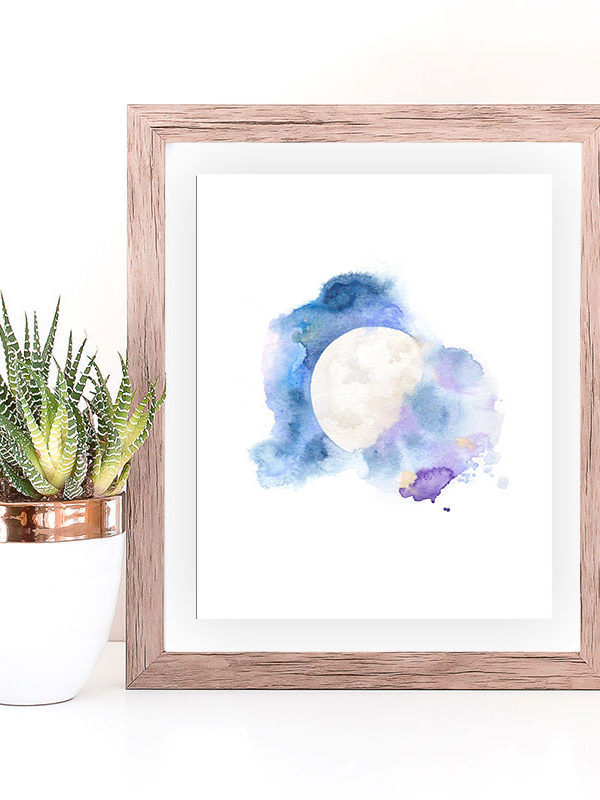 Cosmic Moon watercolor art print by Hand-Painted Yoga